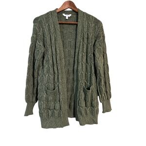 Time and Tru Womens Green Cable Knit Open Front Cardigan Pockets Size L‎